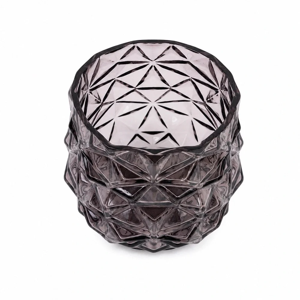 Vintage Smoky Amethyst Faceted Glass Candle Holder Diamond Cut Geometric 6